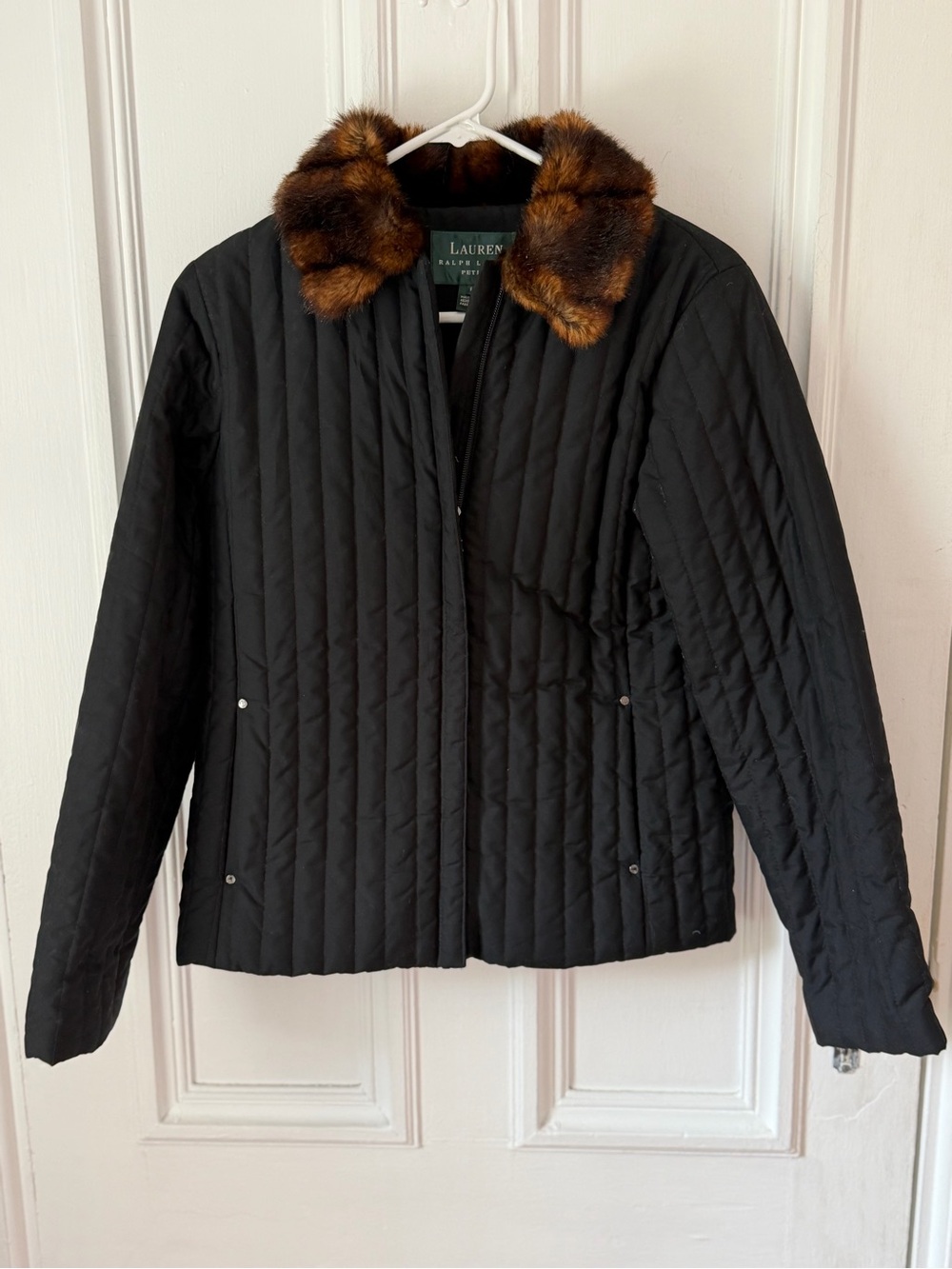 Women’s Lauren Ralph Lauren Black Quilted Faux Fur Collar zip Up Size Petite S